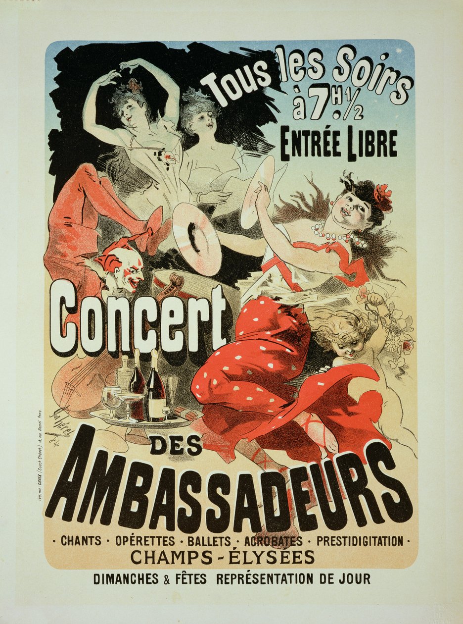 Reprodukce plakátu propagujícího koncert „Ambasadorů“, Champs Elysees, Paříž, 1884 od Jules Cheret