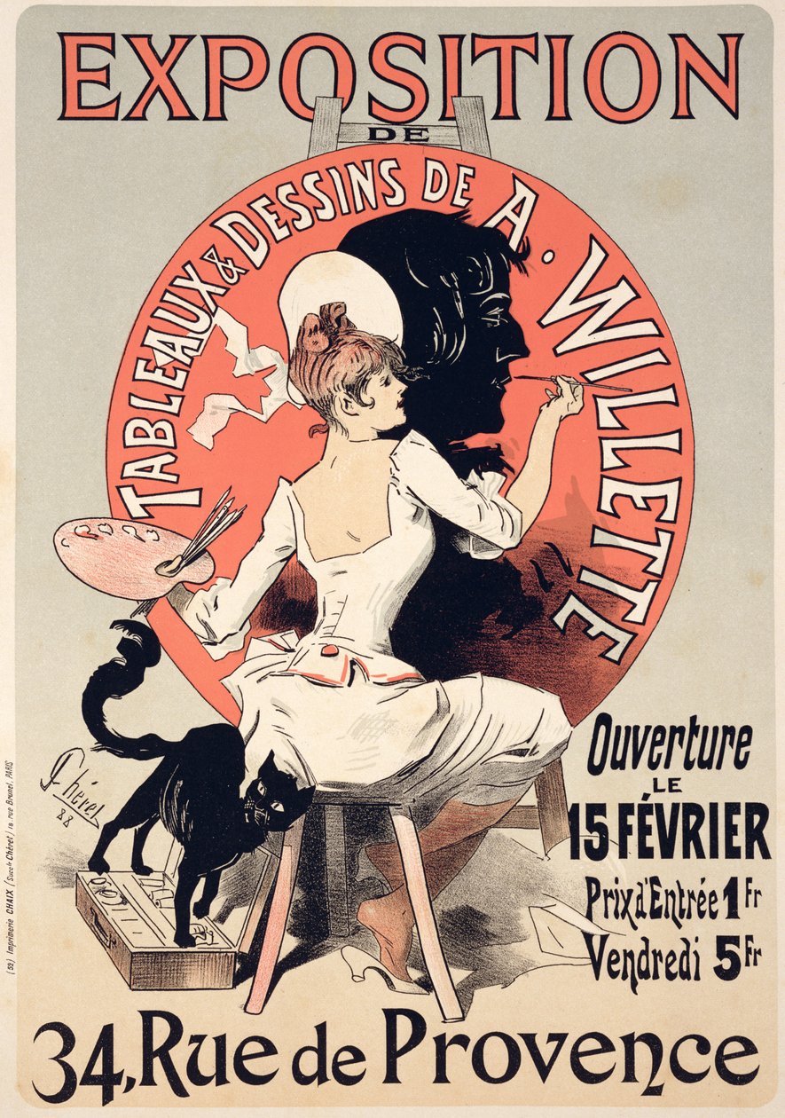 Reprodukce plakátu propagujícího „Výstavu obrazů a kreseb A. Willette (1857-1926), Rue de Provence, 1888 od Jules Cheret