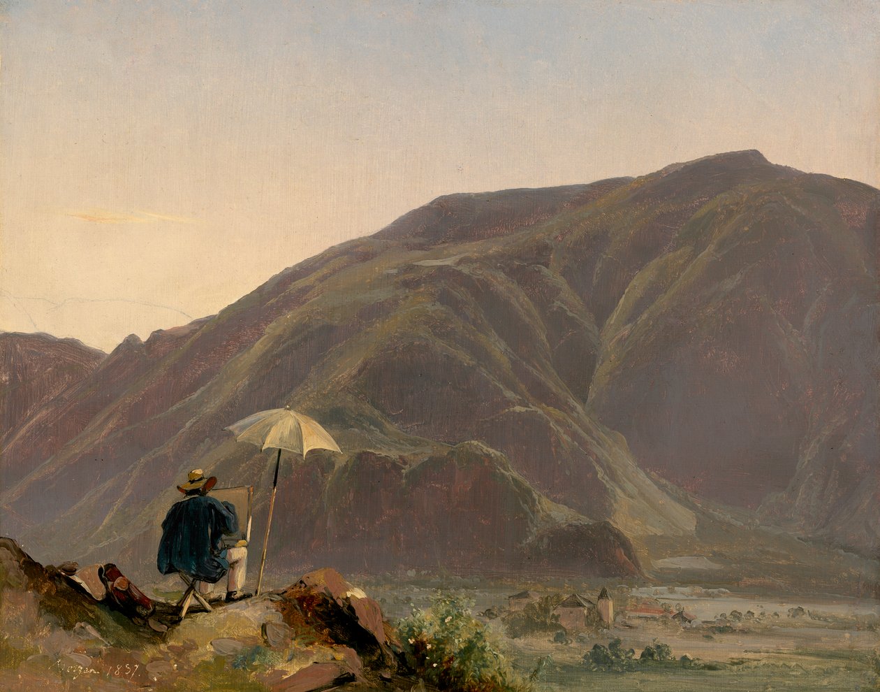 Pohled na Bozen s malířem, 1837 (olej na papíře na plátně) od Jules Coignet