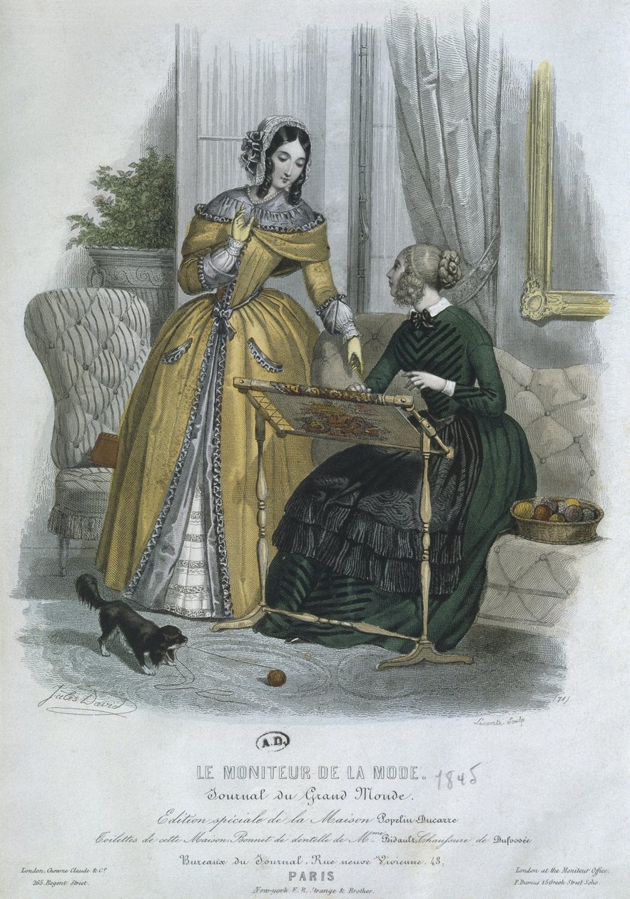 Módní talíř, Paříž, ilustrace z „Le Moniteur de la Mode“, vyryto Lecomtem, 1845 (barevná rytina) od Jules David