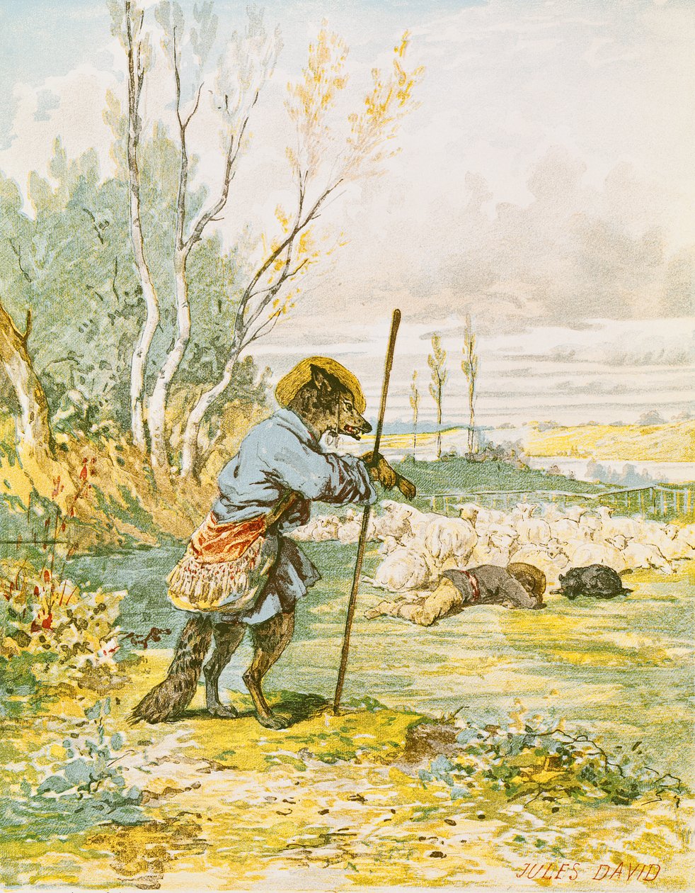 Vlk jako pastýř z „Bajek“ Jean de La Fontaine (1621-95) od Jules David