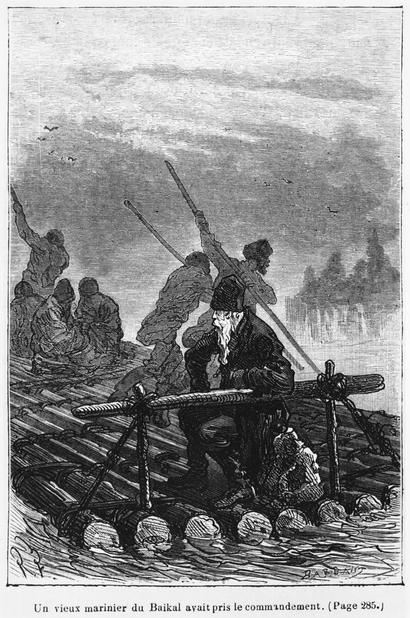 Starý bajkalský lodník převzal velení voru, ilustrace z knihy "Michel Strogoff" od Julese Verna (1828-1905), vyryl Charles Barbant (zemř. 1922) Paříž, Hetzel od Jules Ferat