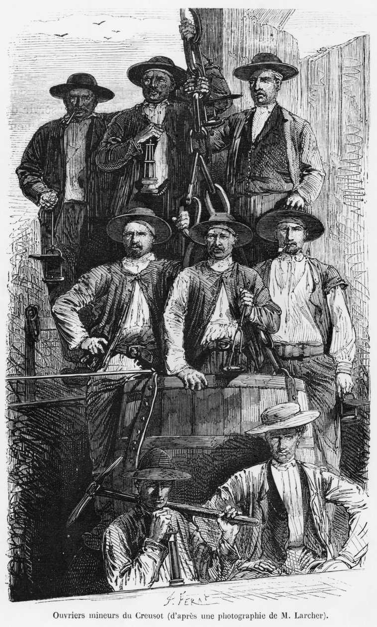 Uhlí horníci z Le Creusot během Druhého císařství, ilustrace z „Les Grandes Usines“ od Juliena Turgana, kolem roku 1880 od Jules Ferat