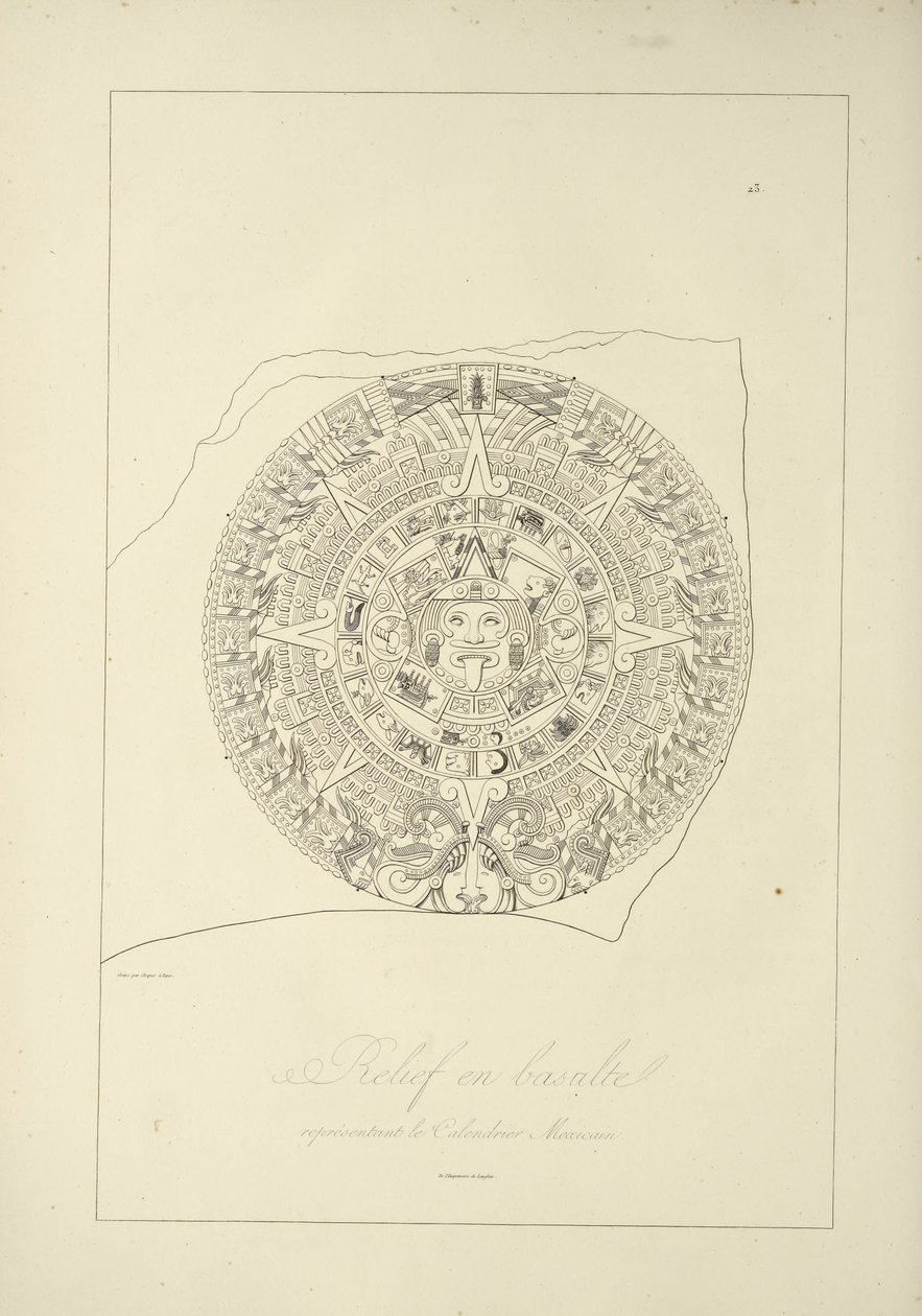 Reliéf v čediči znázorňující mexický kalendář, ilustrace z knihy Alexandera von Humboldta a Aime Bonplanda Vues des Cordillères et Monumens des Peuples Indigènes de l