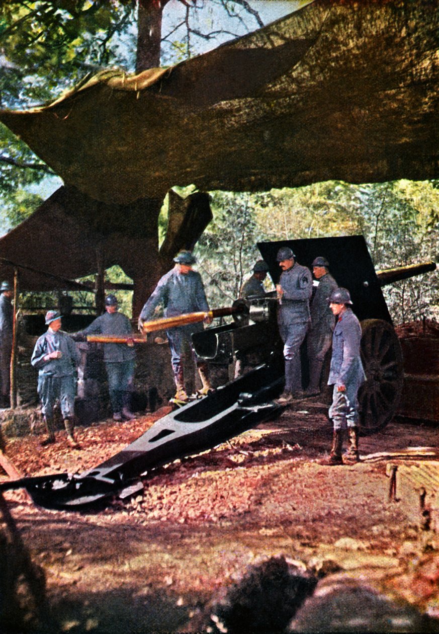 Francouzská baterie těžkých děl pod maskovací sítí v lese, Verdun, září 1916 (autochrom) od Jules Gervais Courtellemont