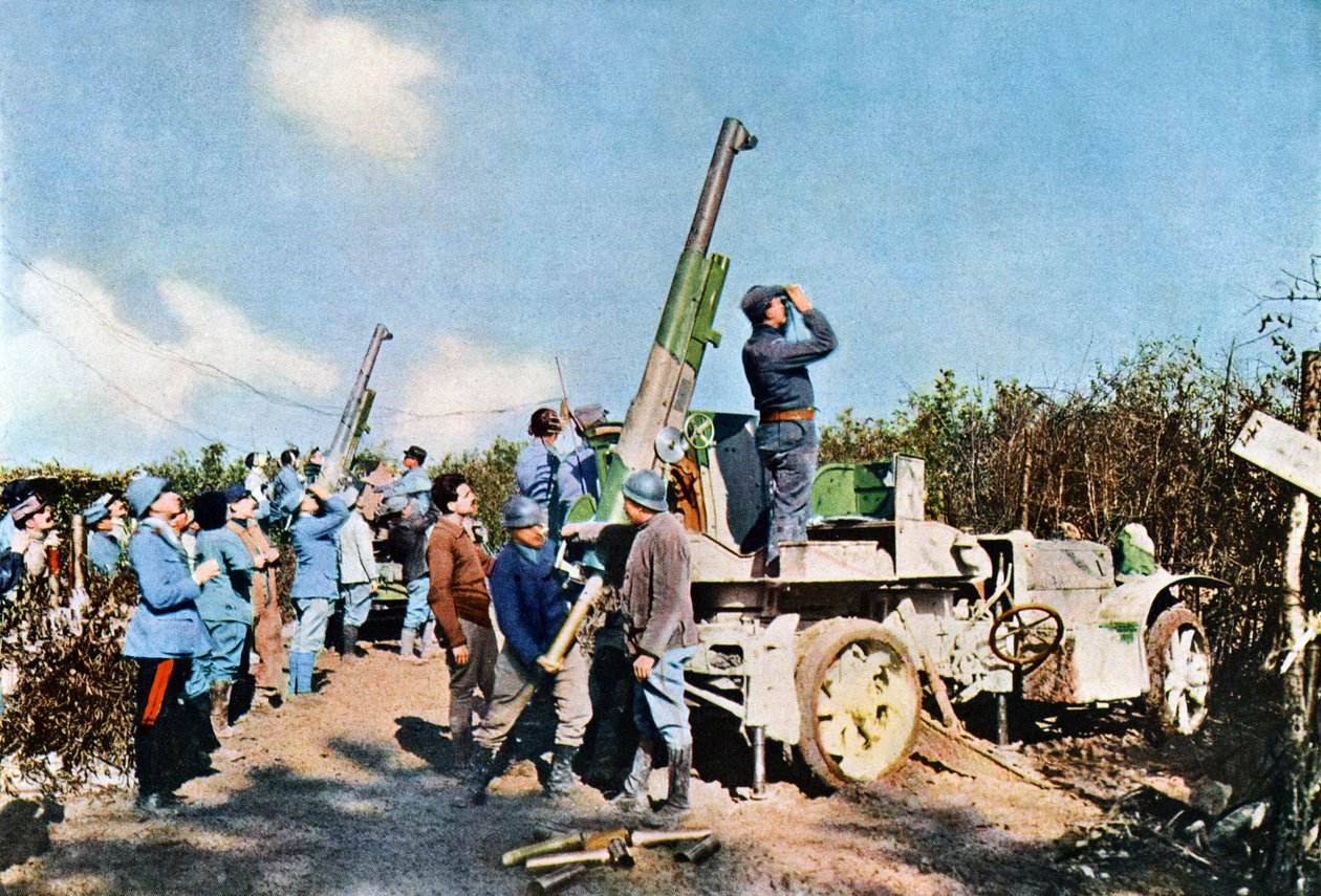 Protiletadlová děla namontovaná na vozidlech v akci, Verdun, září 1916 (autochrom) od Jules Gervais Courtellemont
