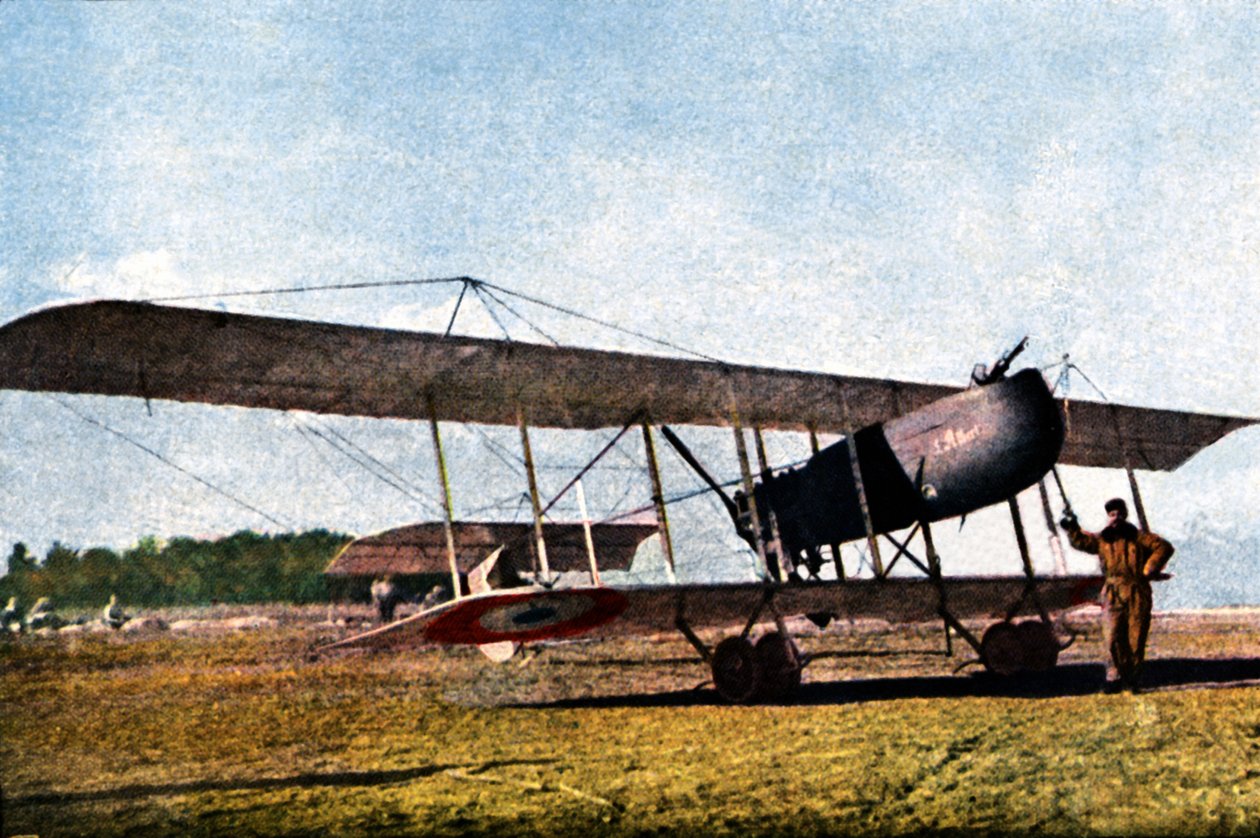Pilot a belgický Farman F.40 No. 10 (tzv. Kodak), který sloužil jako průzkumný letoun, Verdun, září 1916 (autochrom) od Jules Gervais Courtellemont