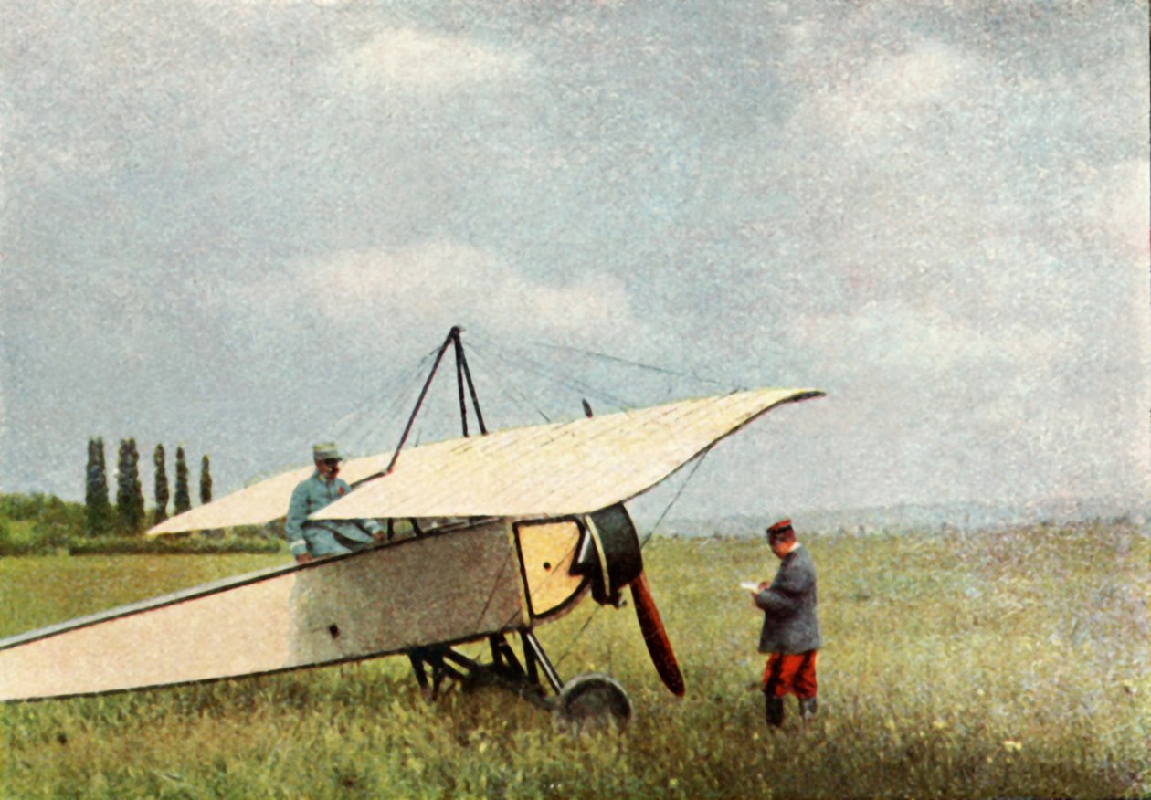 Letoun Morane-Saulnier Type G, který mohl být vybaven 7,9 mm kulometem Hotchkiss, září 1914 (autochrom) od Jules Gervais Courtellemont