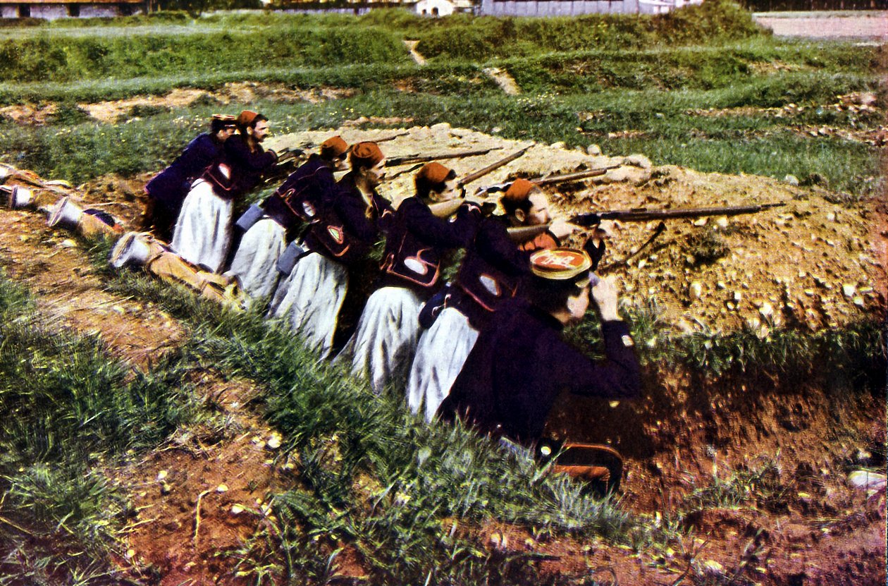 Zouave pěší jednotky francouzské armády u Barcy během bitvy na Marně východně od Paříže, září 1914 (autochrom) od Jules Gervais Courtellemont