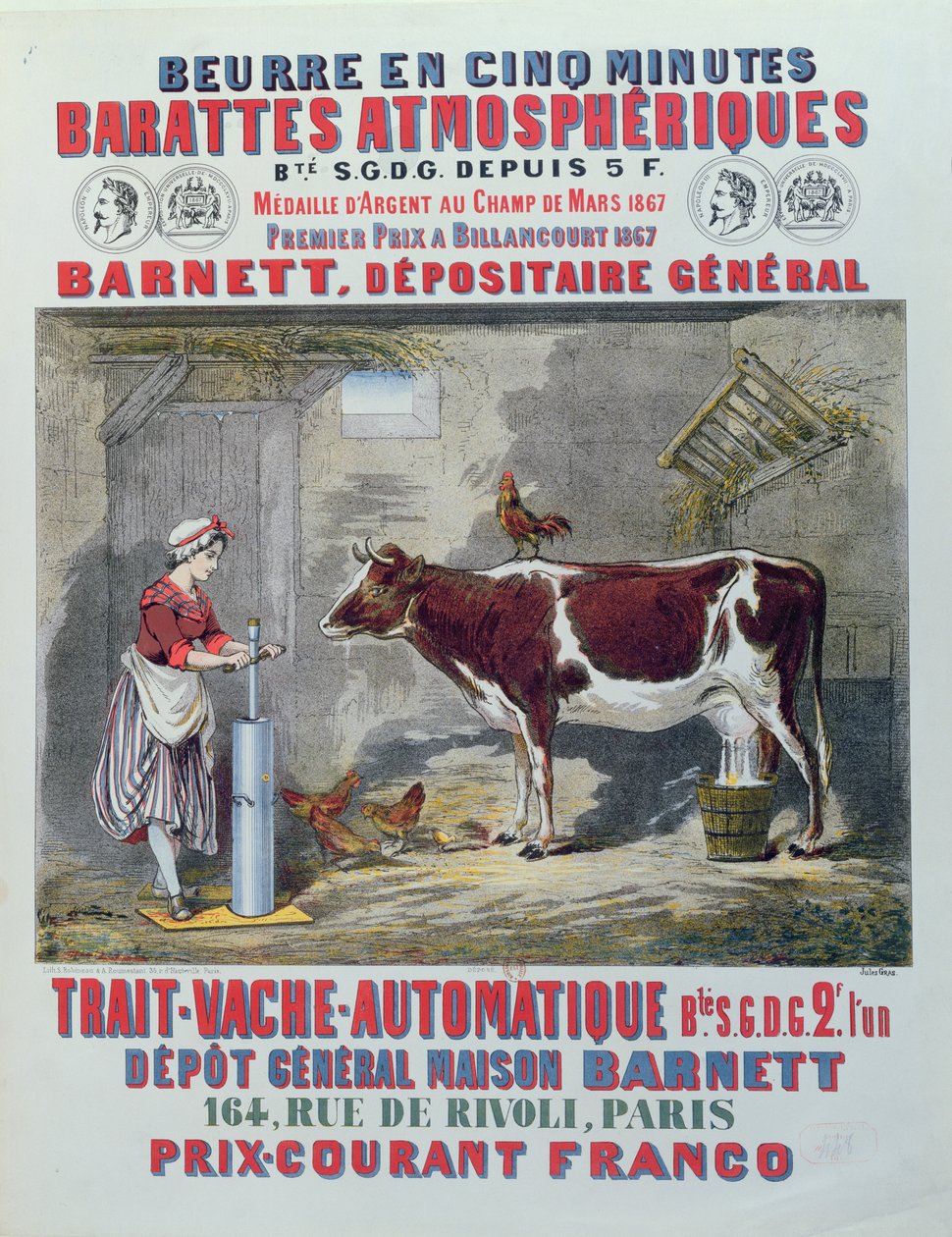Reklama na atmosférický stloukač a automatický dojící stroj, od Maison Barnett, Paříž, kolem roku 1867 od Jules Gras