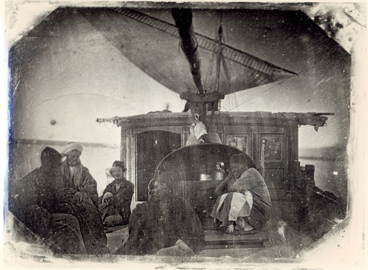 Plachetnice a cestovatelé na Nilu, 1845-6 (daguerrotypie) od Jules Itier