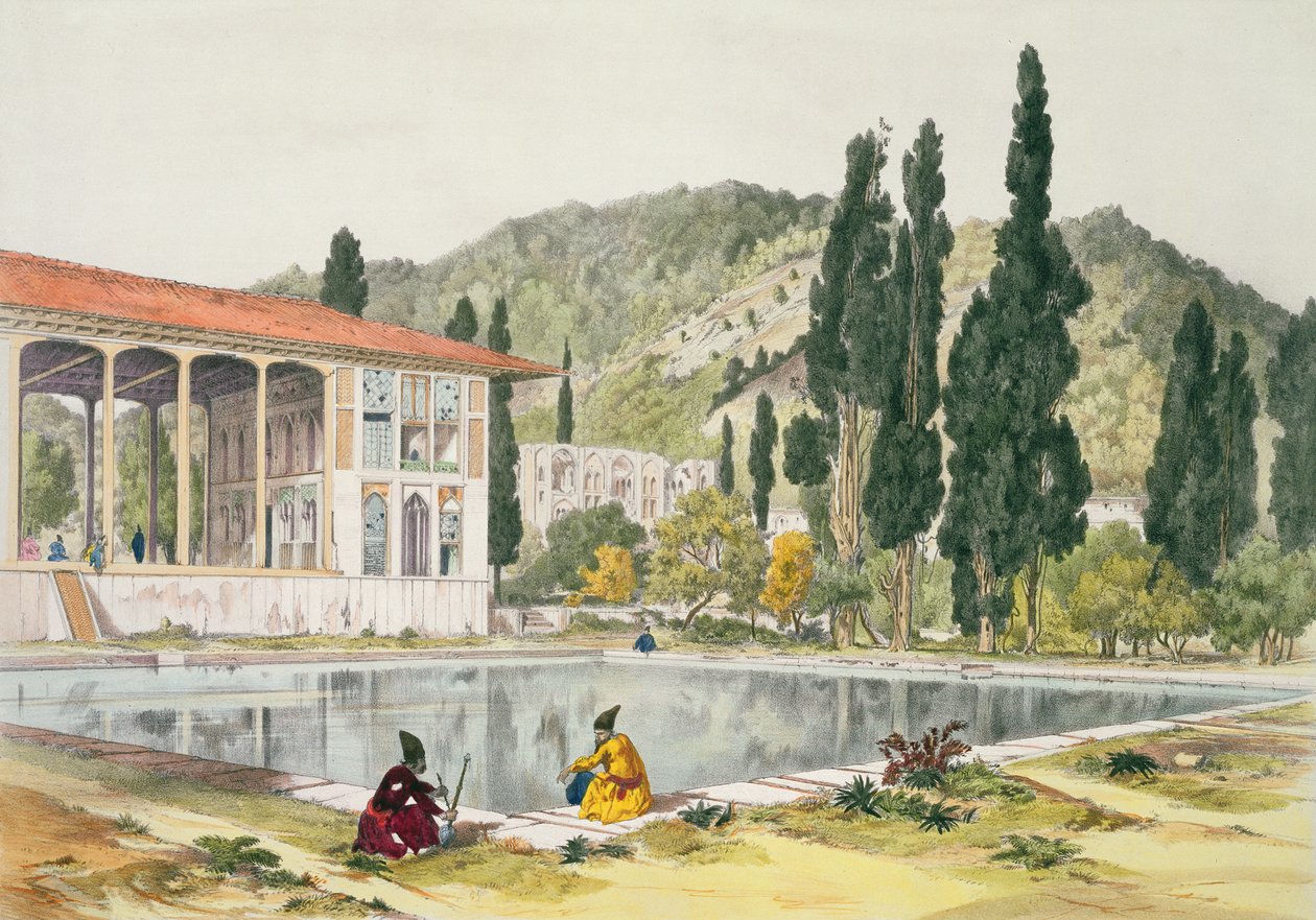 Palác a zahrady Ashref, Persie, deska 80 z „Voyage in Turkey and Persia“, vyryto umělcem od Jules Joseph Augustin Laurens