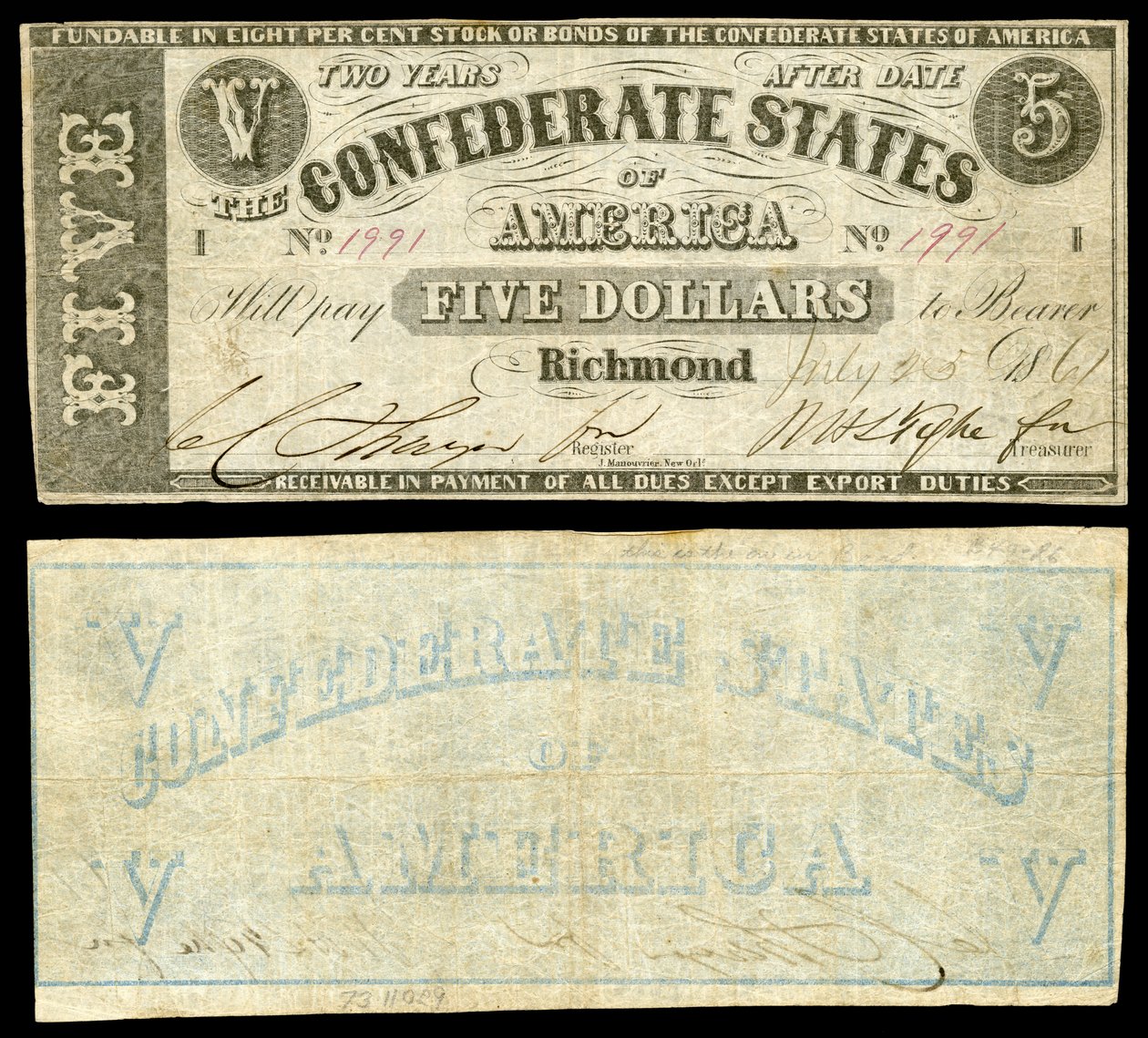 Druhá série bankovek konfederačních států Ameriky v hodnotě 5 USD. Konfederační státy americké napříč vpředu, pouze 1861 vydaná poznámka s tištěnou rubovou stranou. od Jules Manouvrier