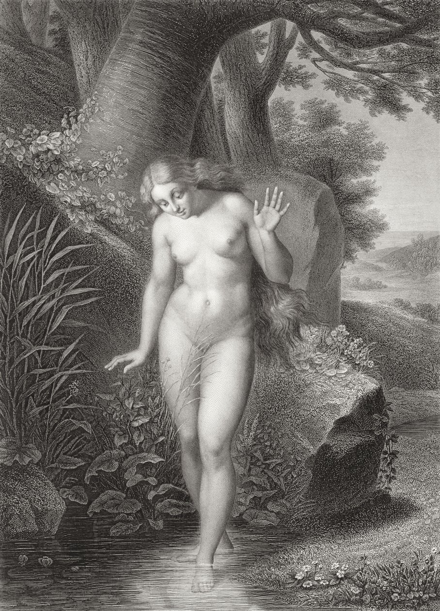 Evin odraz ve vodě, z francouzského vydání ‚Ztracený ráj‘ od Johna Miltona (1608-74), vyrytého St. Evou a Lalaissem, vydaného v roce 1868 od Jules Richomme