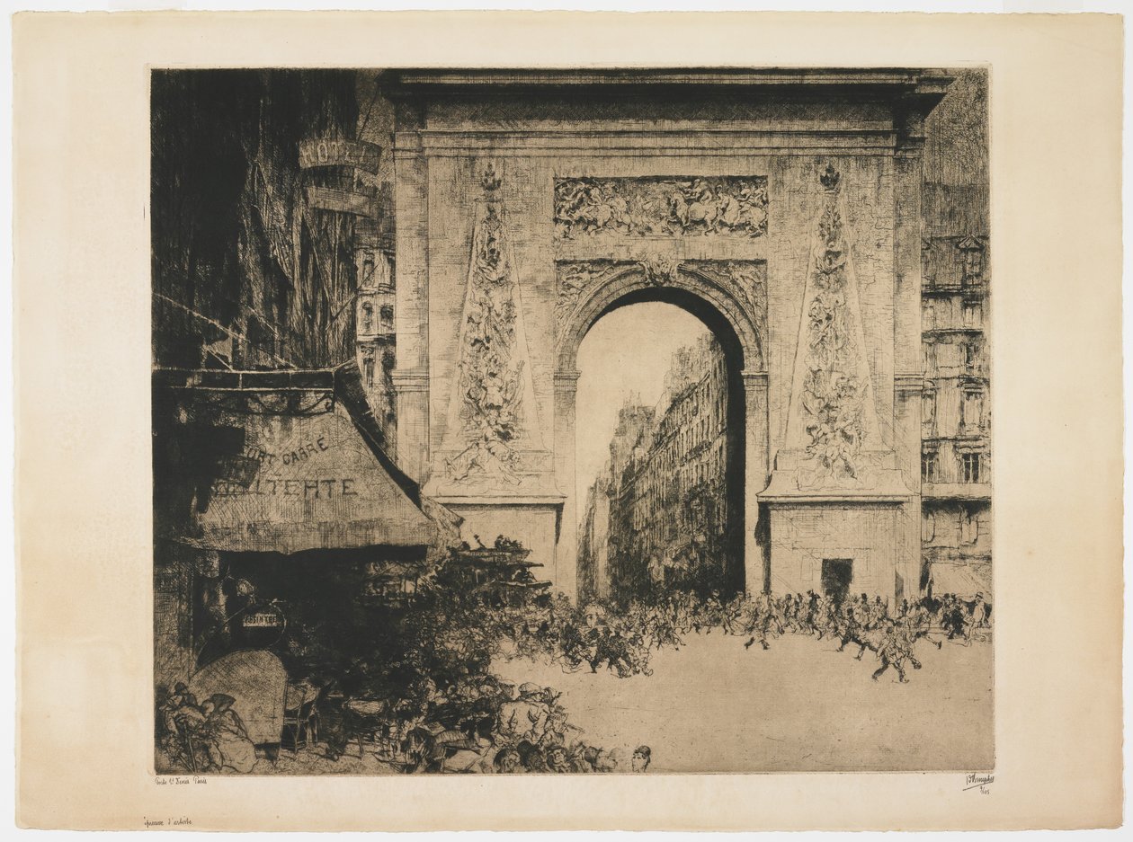 Porte Saint-Denis, Paříž, 1928 (lept, suchá jehla, akvatinta a deskový tón) od Jules de Bruycker