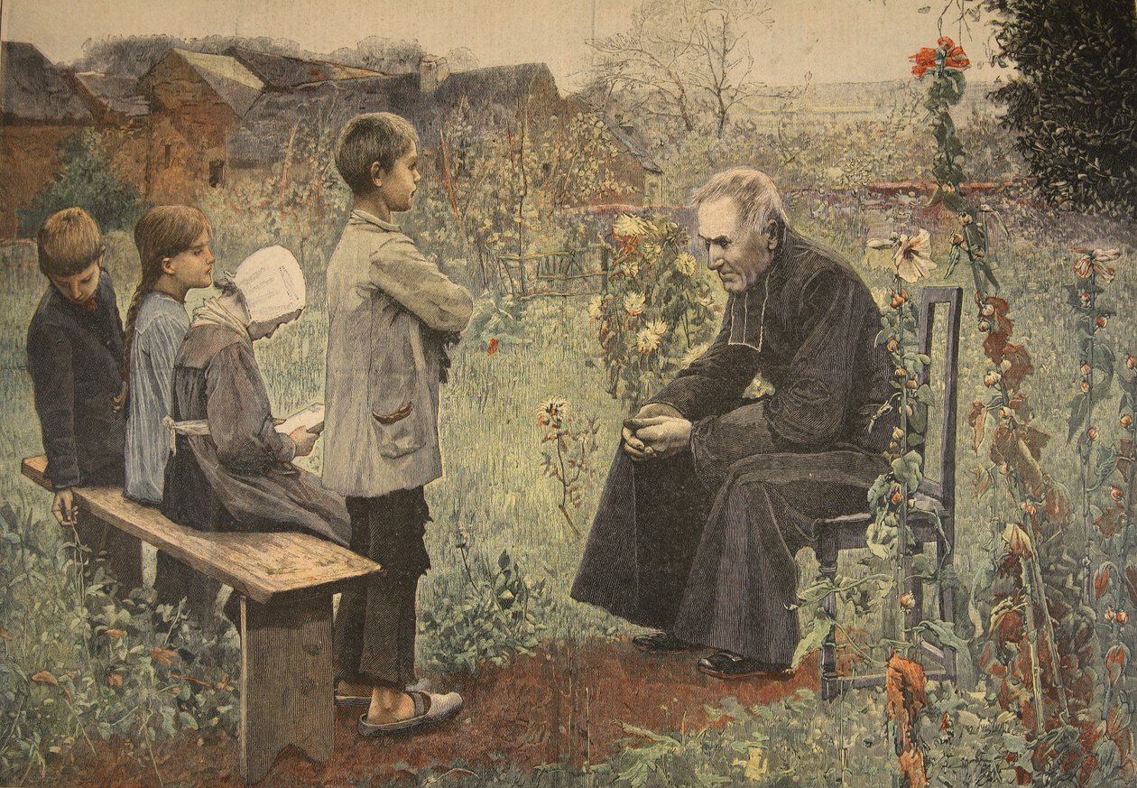 Kněz učí děti katechismu, ilustrace z 