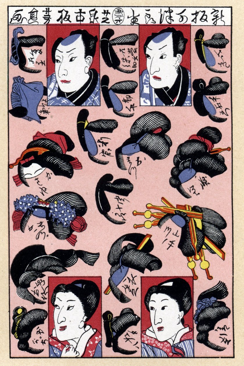 Obličejová podoba japonské módní rytiny zobrazující mužské a ženské účesy z období Edo od Jules (after) Cheret