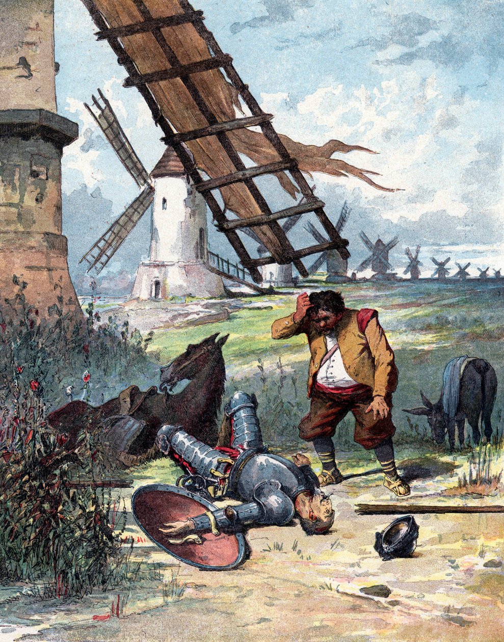 Don Quijote bojoval s větrnými mlýny a padl ze svého koně, Sancho Panza se díval na svého pána, ilustrace knihy Miguela de Cervantese "Histoire de Don Quichotte", rytina podle Julese Davida od Jules (after) David