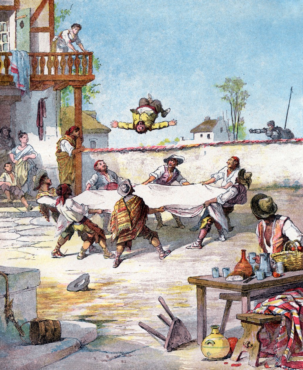 V Inn je Sancho Panza manipulován, volá svého pána Dona Quijota, aby mu pomohl, ilustrace knihy Miguela de Cervantese "Histoire de Don Quichotte", rytina po Julesi Davidovi od Jules (after) David
