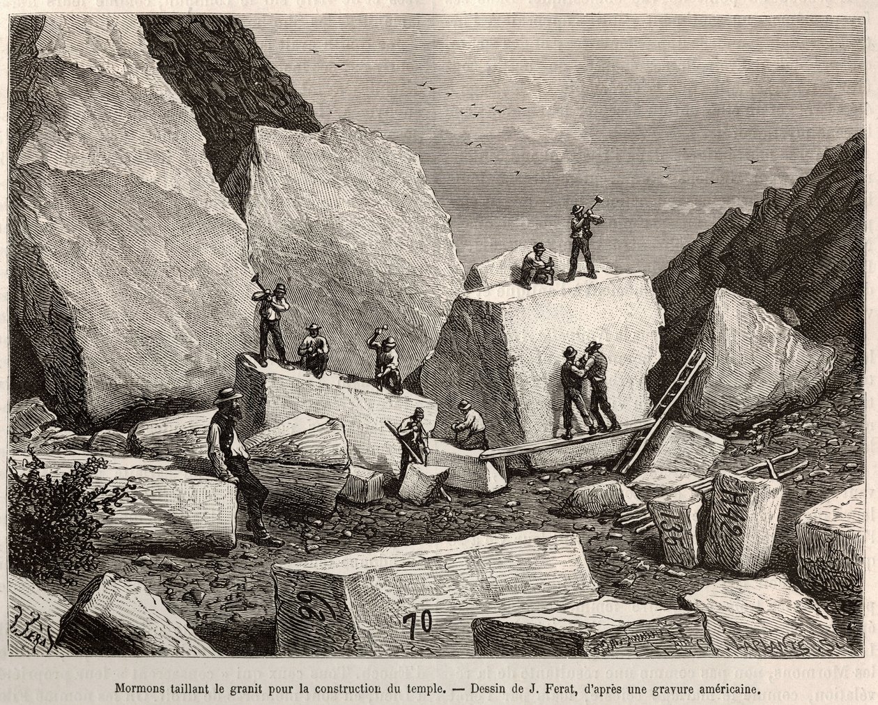 Mormon vyřezává žulu pro stavbu chrámu. Rytina podle kresby J. Ferata, pro ilustraci příběhu La conquete blanche, od Williama Hepwortha Dixona, v roce 1875, publikovaná v „”Le tour du monde”””” 1876, editoval Edouard Charton, vydání Hachette, Paříž od Jules (after) Ferat