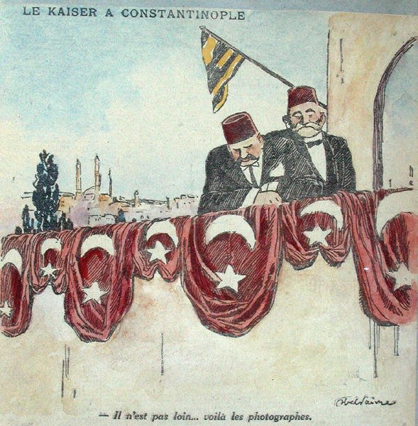 Karikatura císaře Viléma II. (1859-1941) v Konstantinopoli během první světové války (barevné lito) od Jules Abel Faivre