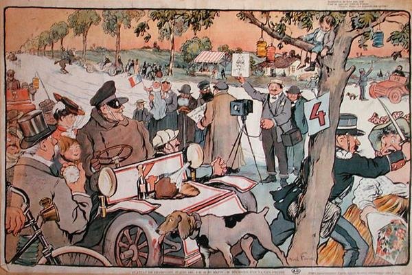 Karikatura M. Fourniera vyrážejícího na rallye Paříž-Berlín od Jules Abel Faivre