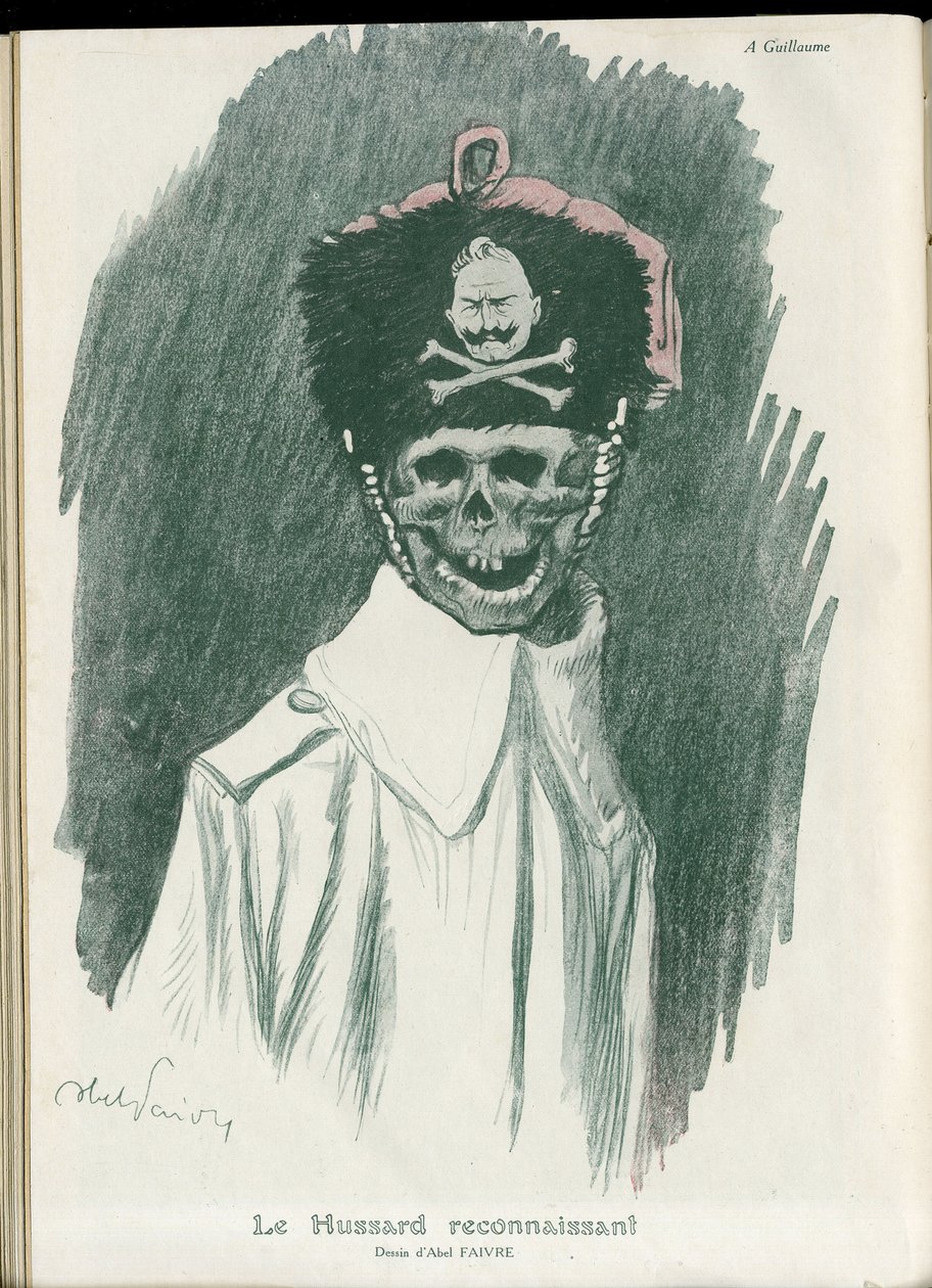 Ilustrace Abel Faivre (1867-1945) ve „“Fantasio“, 01/05/15 – Vděčný husar – válka 14-18, Německo pruské – Vilém II., Žací/soudruh – Smrt, FacesRiantes od Jules Abel Faivre