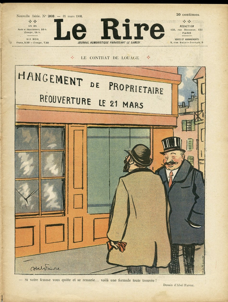 Ilustrace Abela Faivreho (1867-1945) pro obálku Le Rire, 21.03.08 - Nájemní smlouva - Architektura Urbanismus, Svatba, Cizoložství, Obchody od Jules Abel Faivre