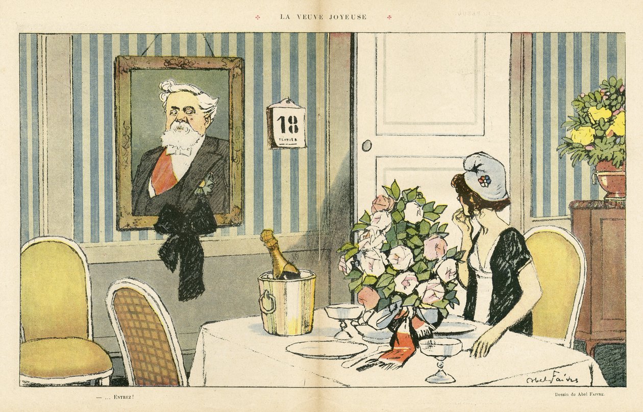 Ilustrace Abel Faivre (1867-1945) v Le Rire, 23.2.13 - Radostná vdova - prezident republiky, Portrét - Marianne, Fallieres Armand (1841-1931) od Jules Abel Faivre