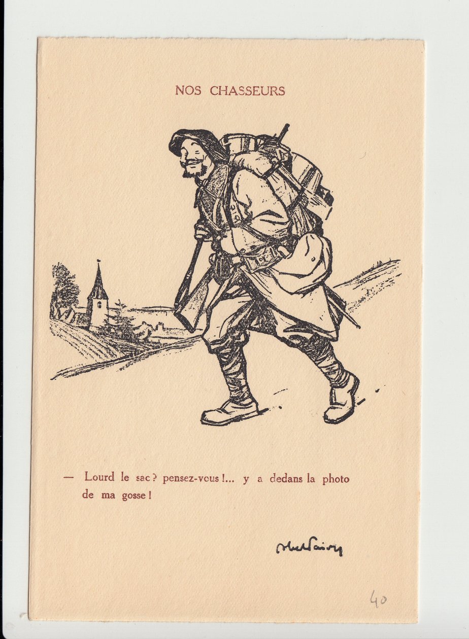 Pohlednice, satirický v N & B, ca. 1915: Naši lovci - válka 14-18, fotografie, otcovství, uvíznutí lebky - Vojáci, alpští lovci Ilustrace Abel Faivre (1867-1945) od Jules Abel Faivre