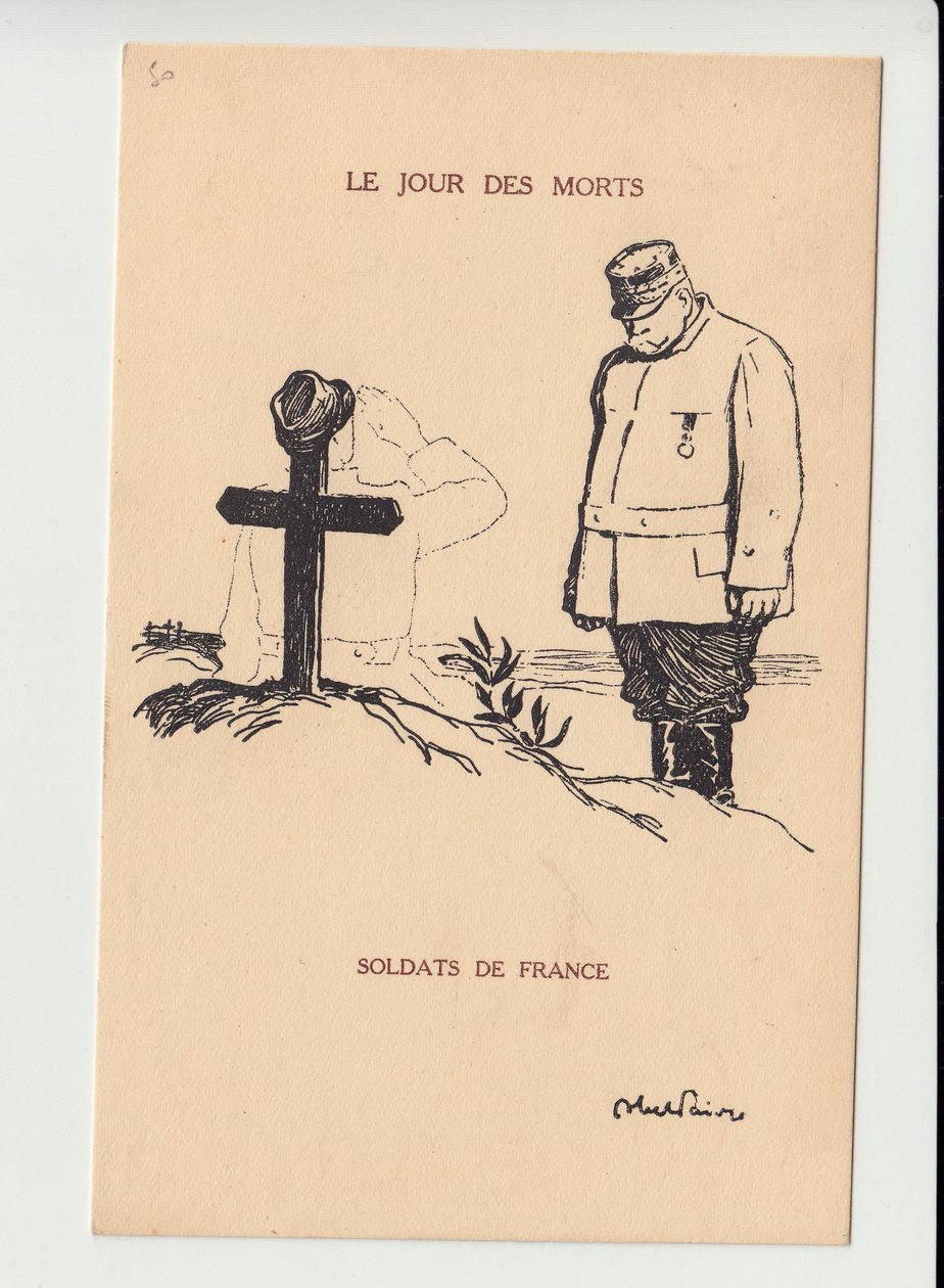 Pohlednice, Satirique en N & B, ca. 1915: Den mrtvých - válka 14-18, Mourning Obseques Funerailles - Joffre, Vojáci Ilustrace Abel Faivre (1867-1945) od Jules Abel Faivre
