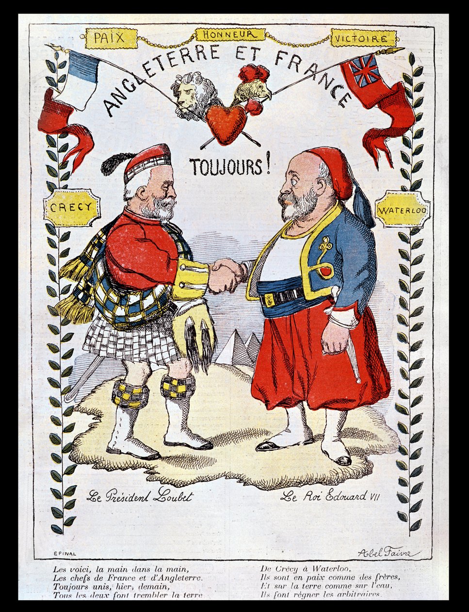 Entente Cordiale mezi Francií a Velkou Británií: karikatury prezidenta Loubeta (1838-1929) a krále Edwarda VII. (1841-1910), ilustrace z 