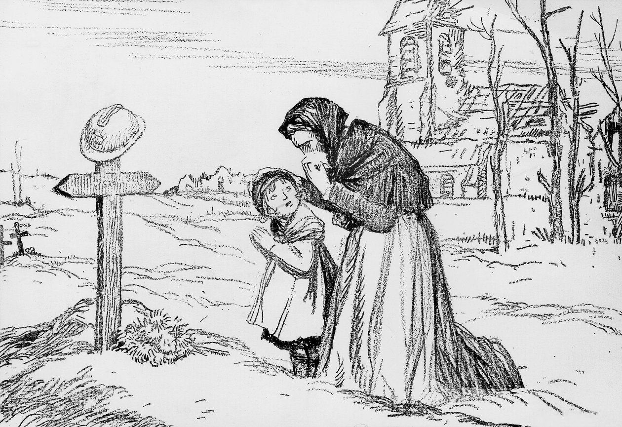 Vdova a její malá dcera pláče nad hrobem svého otce a manžela během první světové války, 1. listopadu od Jules Abel Faivre