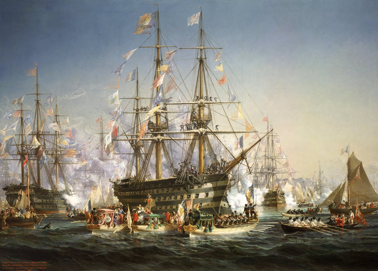 Napoleon III. vítá královnu Viktorii v Cherbourgu, Francie, 5. srpna 1858 od Jules Achille Noel