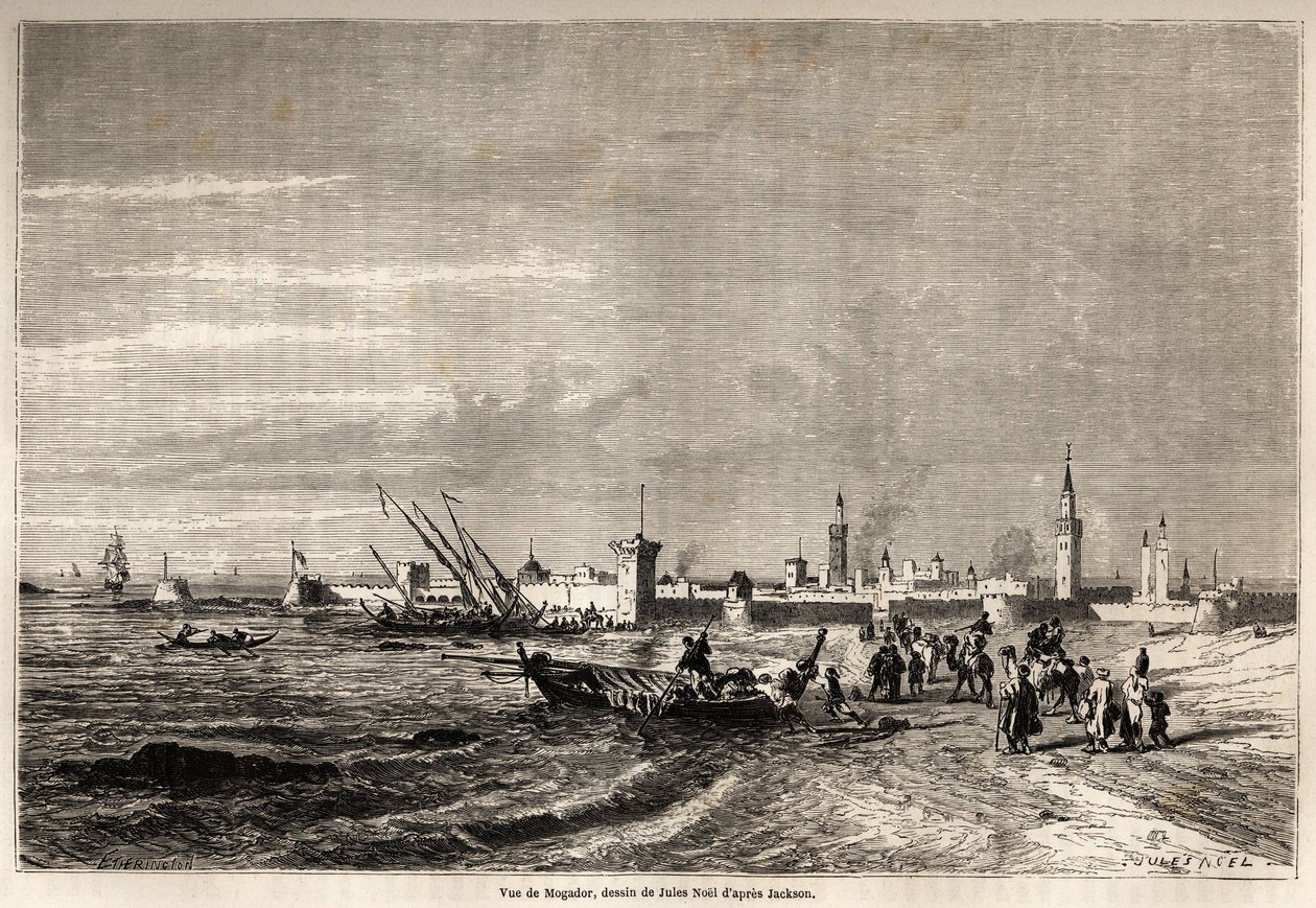Pohled na Essaouira (dříve Mogador), kresba Julese Noela (1810-1881), pro ilustraci Mr.F. Schicklerova cesta do Maroka v roce 1860. Rytina v „“ Le tour du monde, nouveau journal des voyages““ Paříž od Jules Achille Noel