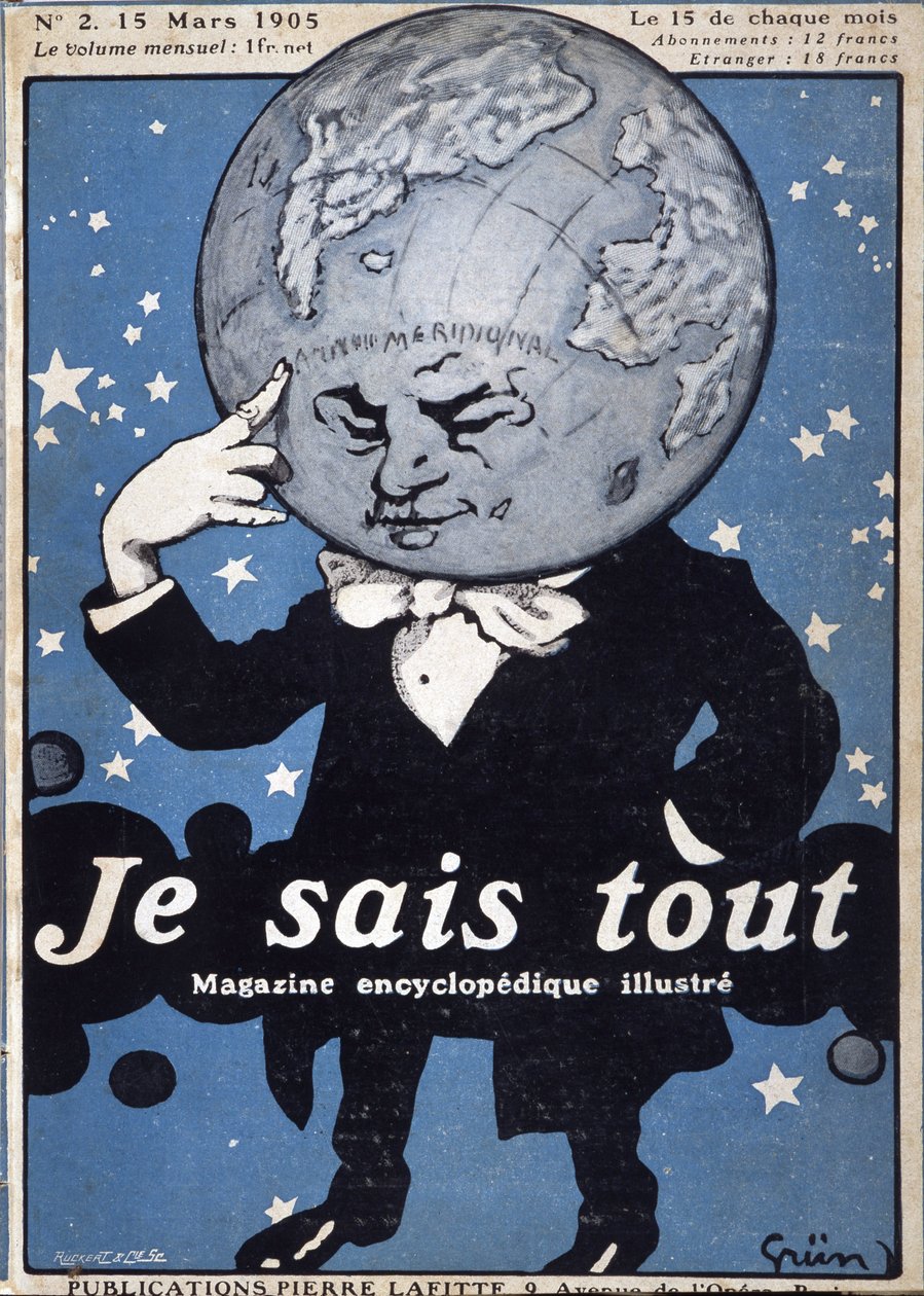 Earth Globe thinking - Thinking Earth Globe - v „Je Sais Tout““ z 15. 3. 1905 - ilustrace Jules Grun 1868-1938 od Jules Alexandre Gruen or Grun