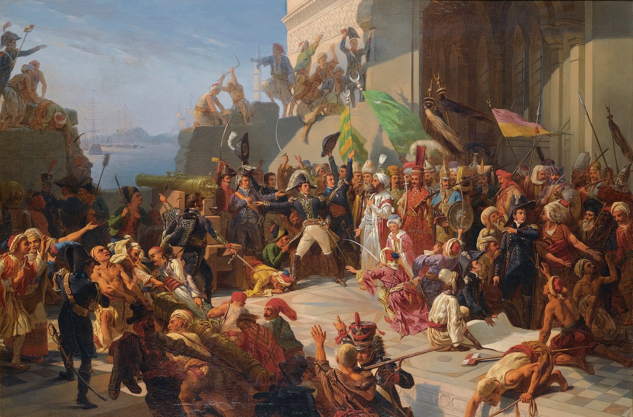 Guerre anglo-turque - guerres napoleoniennes - Sultán Selim III. (1761-1808) na návštěvě u generála Horace Sebastianiho (1772-1851) během obrany Konstantinopole proti britskému loďstvu, únor 1807 par Rigo, Jules Vincent (1810-1892). Olej na plátně, vel od Jules Alfred Vincent (after) Rigo