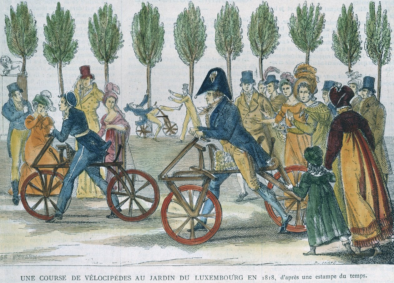 Závod velocipedů v Jardin du Luxembourg v roce 1818 po dobové rytině, vyryté P. Comtem (19. století) (barevná rytina) od Jules Antoine Duvaux