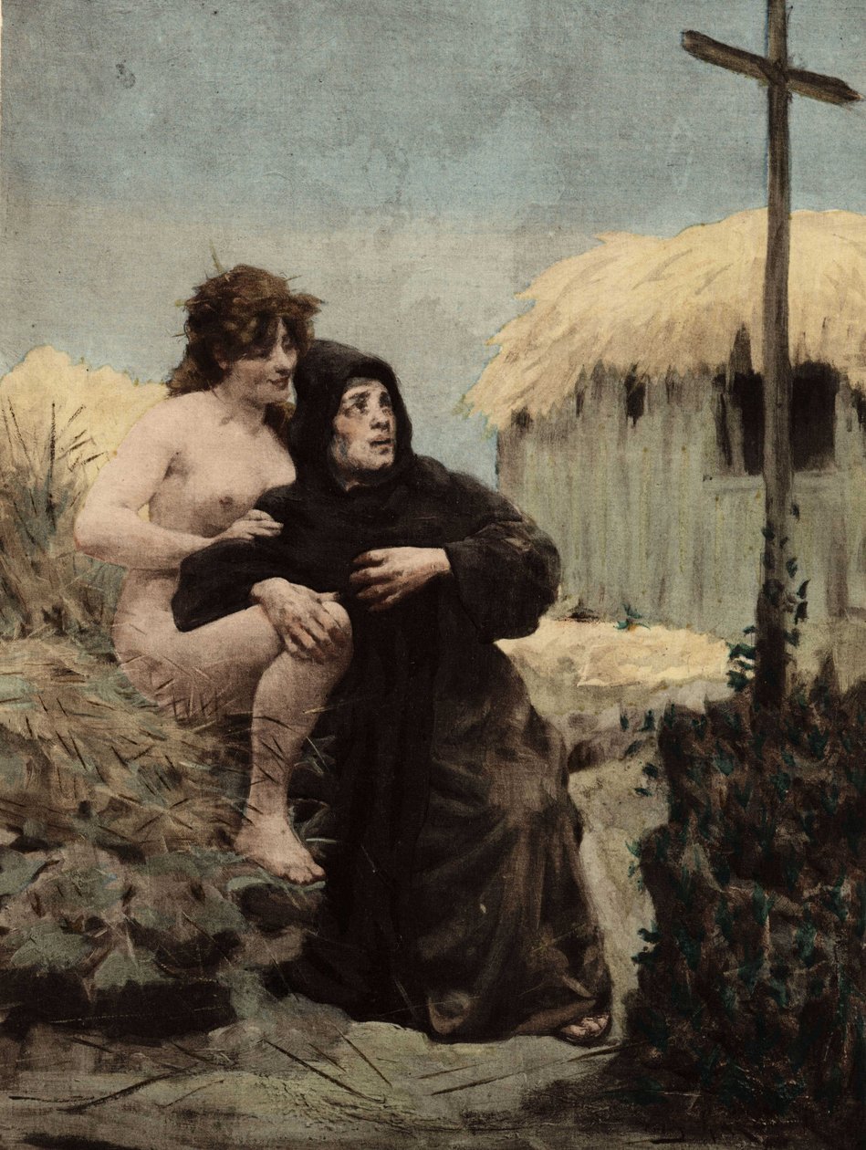 Poustevník z Thebaide a žena před křížem. Pantagruel. ilustrace Jules Garnier. In "Rabelais et l