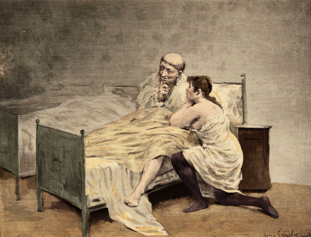 Mladá dívka, která se zpovídá bratru Royddimetovi, sedí ve své posteli. Pantagruel. ilustrace Jules Garnier. In "Rabelais et l