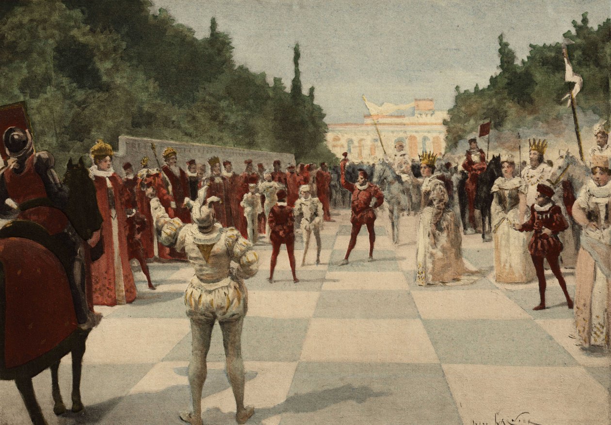 Ples pořádaný královnou v podobě šachové partie, kde pěšci jsou lidské bytosti. Království Entelechie. Pantagruel. ilustrace Jules Garnier. In "Rabelais et l