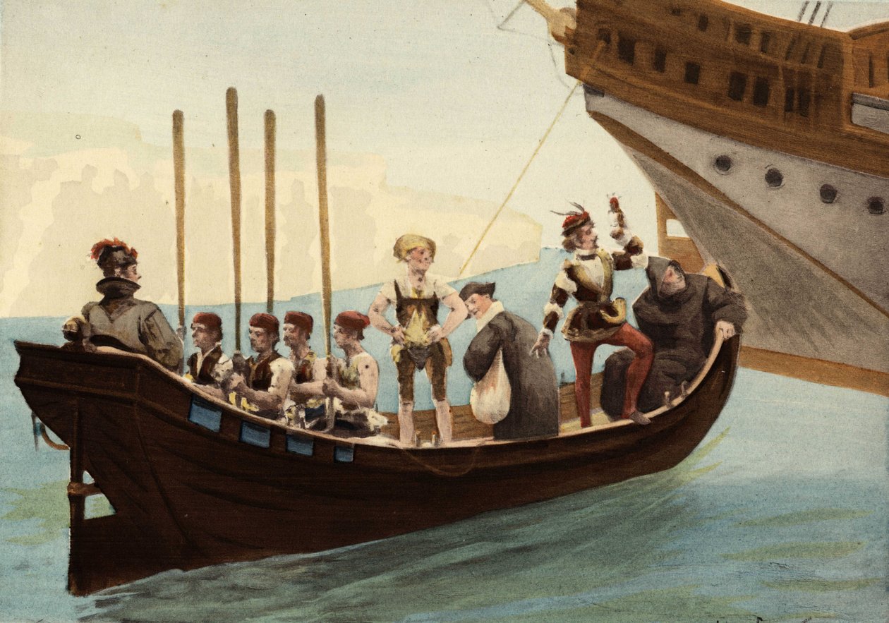 Loď v přístavu ostrova Papimania. Zprava doleva: mnich, sokolník, advokát, vinař z Orleánsu. Pantagruel. ilustrace Jules Garnier. In "Rabelais et l