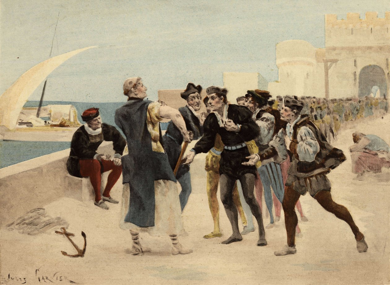 Bratr Jean, mnich ze Seuillského opatství, nabízí Chiquanům dvacet éček zlata za to, kdo se nechá zbít. Pantagruel. ilustrace Jules Garnier. In "Rabelais et l