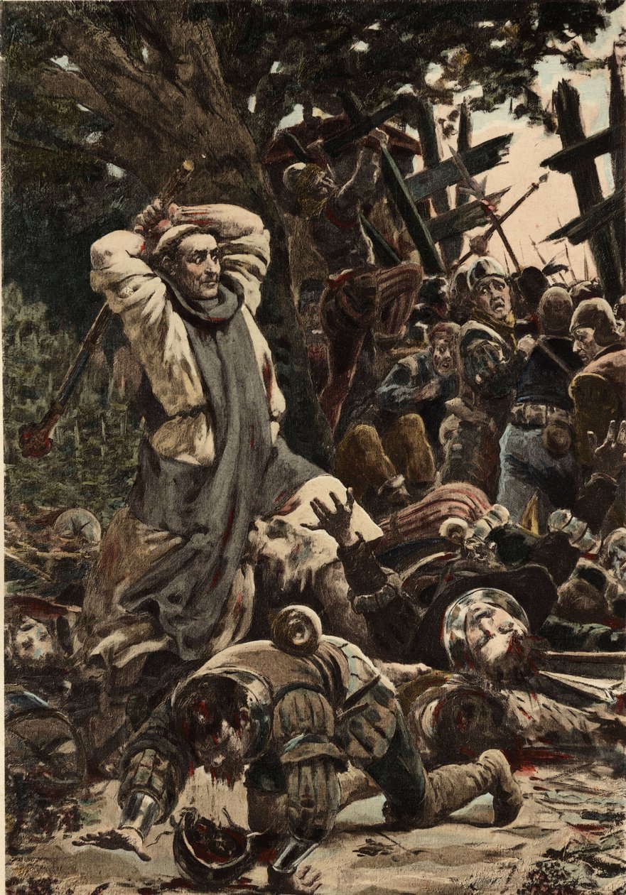 Bratr Jean, mnich z opatství Seuille, bije holí vojáky vojska Pikrochola, krále Lernského. Gargantua. ilustrace Jules Garnier. In "Rabelais et l