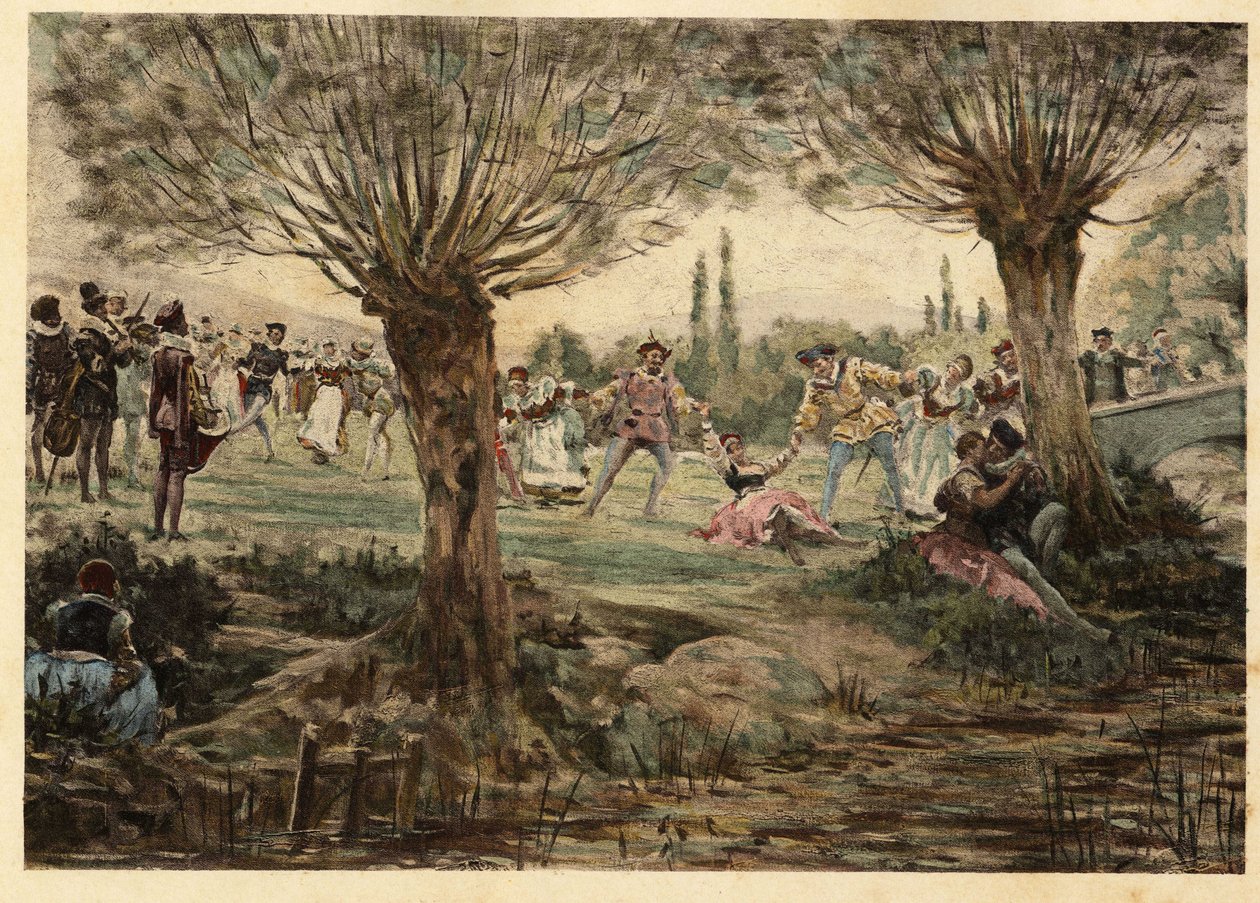 Tanečníci a hudebníci během masopustní zábavy. Gargantua. ilustrace Jules Garnier. In "Rabelais et l