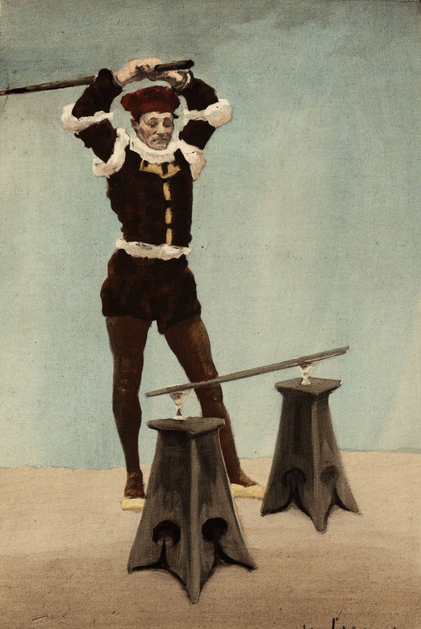 Eusthenés udeří holí zavěšenou na dvou pohárech, které postavil Panurge. Pantagruel. Ilustrace: Jules Garnier. V knize "Rabelais et l