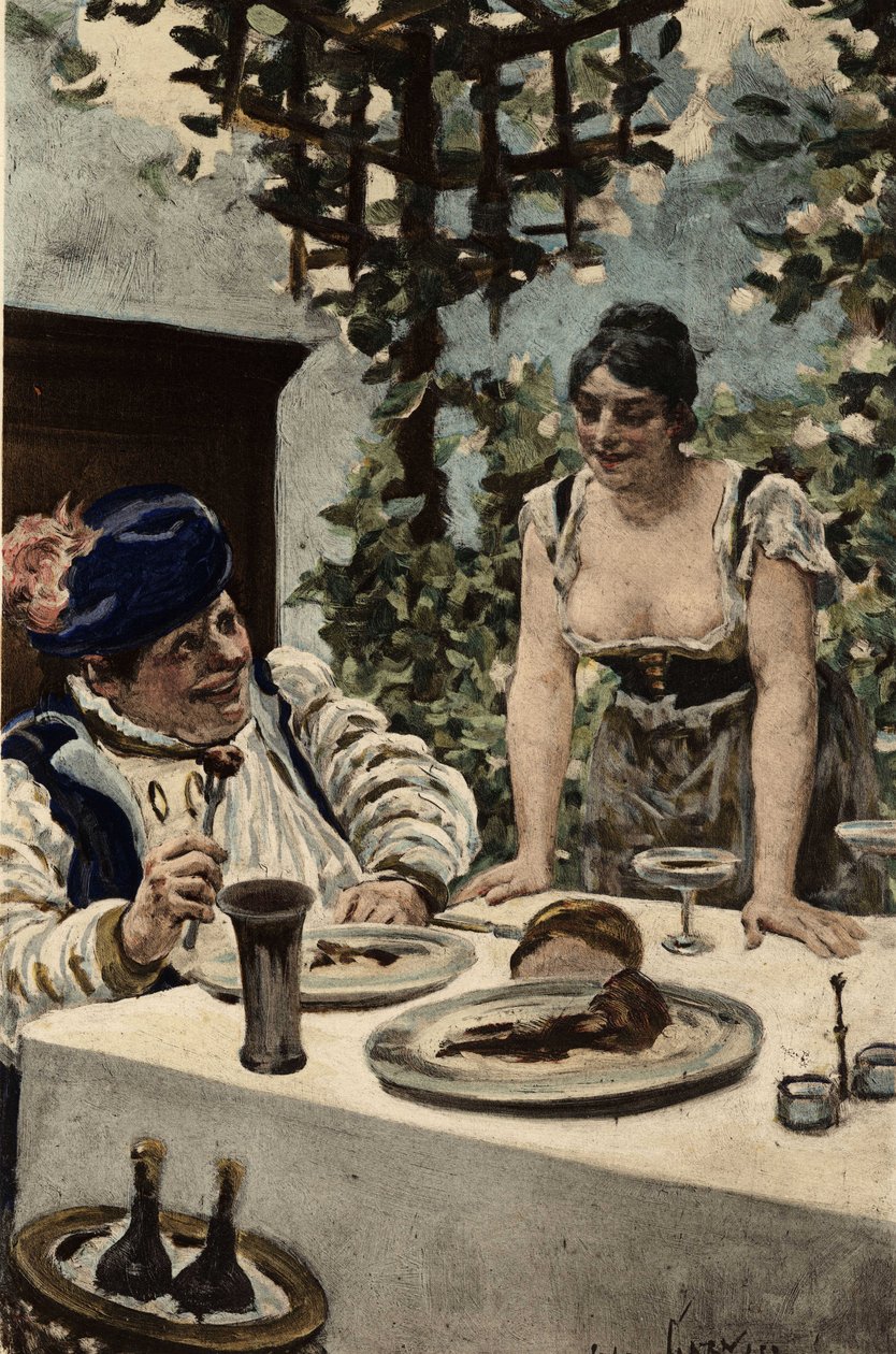 Gargantua je přítomen při jídle, žena mu podává jídlo. Gargantua. ilustrace Jules Garnier. In "Rabelais et l