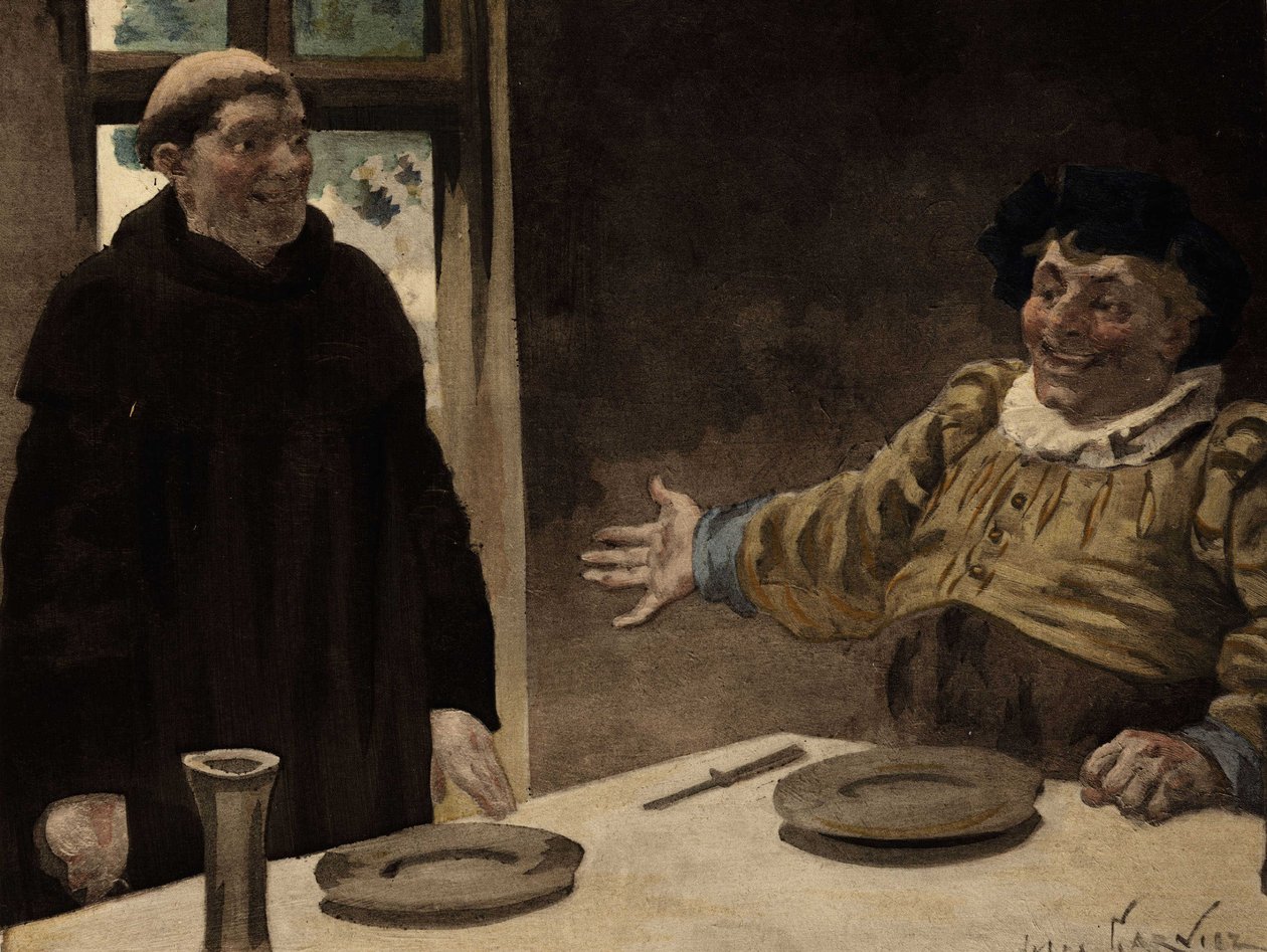 Gargantua zve mnicha z opatství Seuille Frere Jeana ke společnému jídlu. Gargantua. ilustrace Jules Garnier. In "Rabelais et l