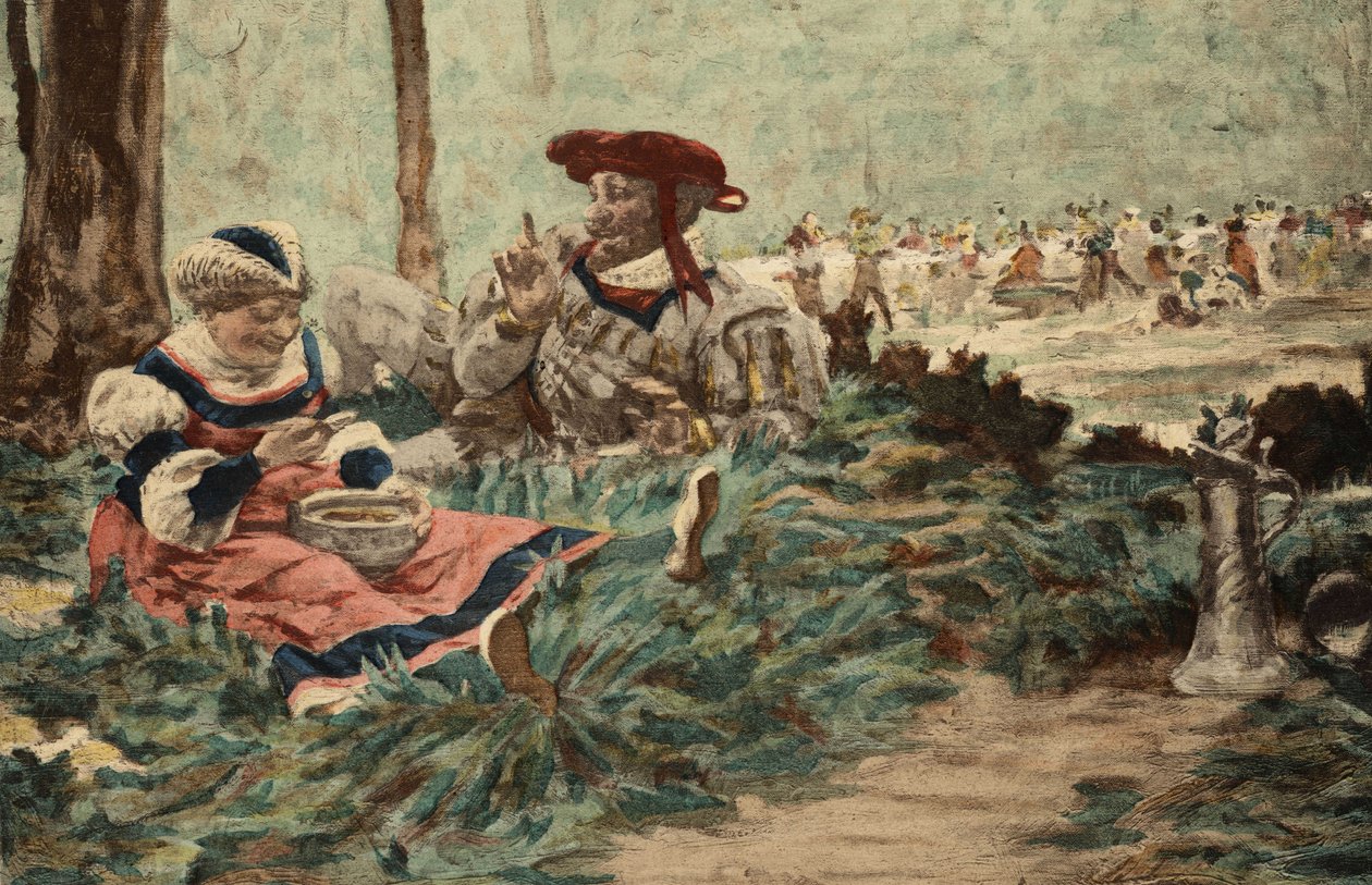 Grandbuckthorn, otec Gargantuy, a Gargamelle, těhotná Gargantua, jedí vnitřnosti. Gargantua. ilustrace Jules Garnier. In "Rabelais et l