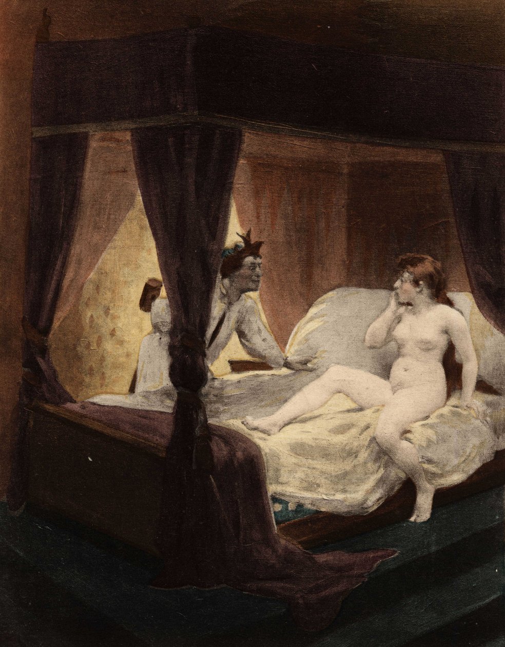 Velký Thibeault skrývá za zády palici. Jeho žena leží na posteli. Pantagruel. ilustrace Jules Garnier. In "Rabelais et l